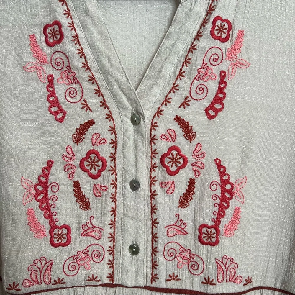 Fig + Flower Tan Midi Dress with Burgundy Pink Embroidery. Size Large. - Picture 6 of 16